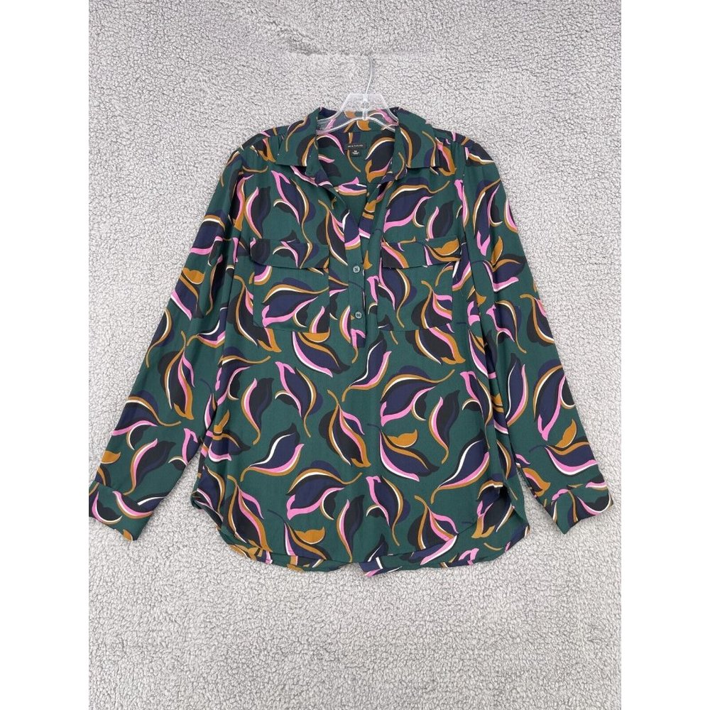 Ann Taylor Womens Size Medium Career Blouse Button Front Drapey Forest Green